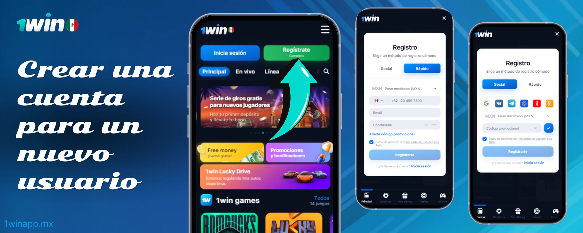 Los usuarios en México pueden crear una cuenta 1Win de dos maneras